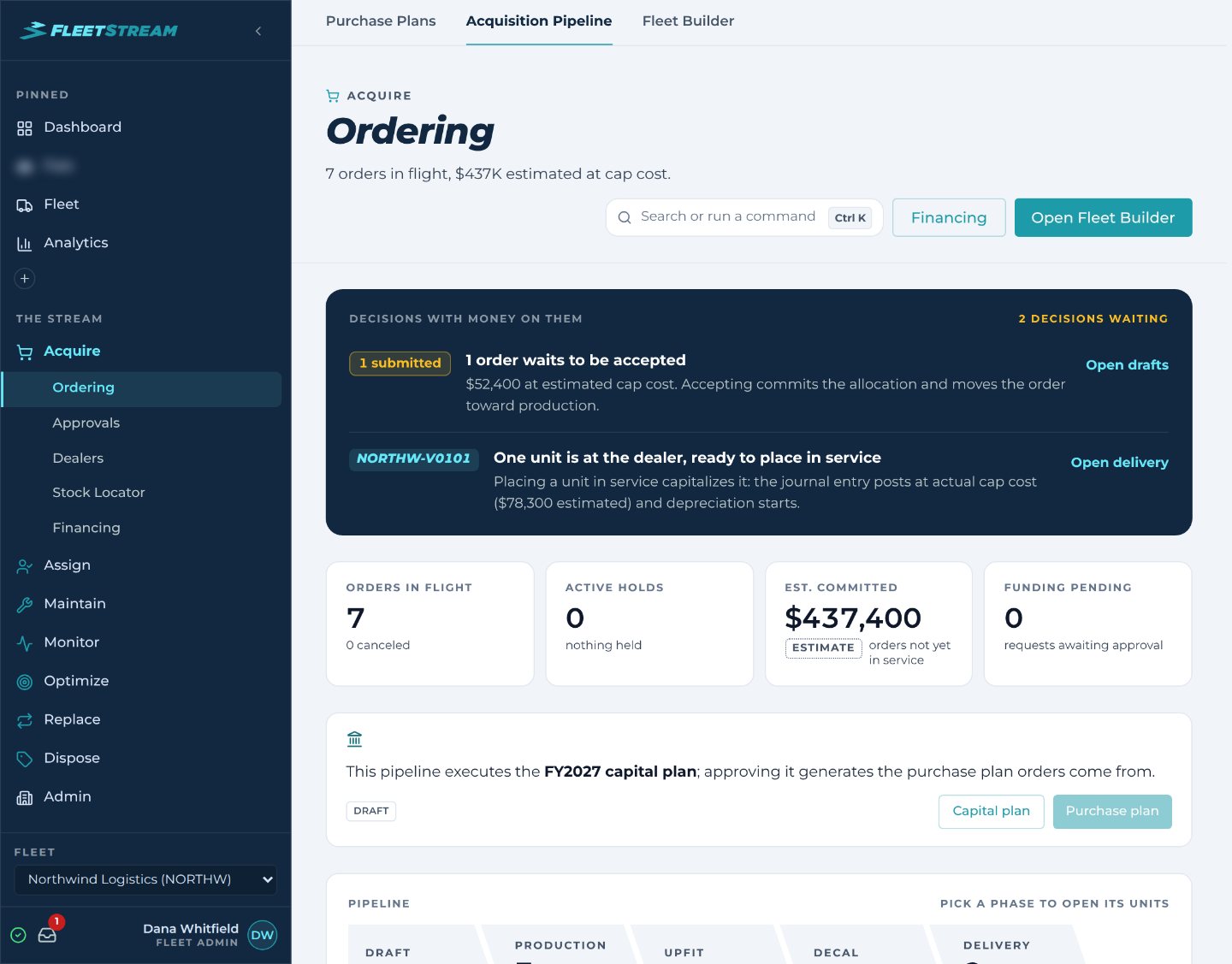 FleetStream Ordering — orders in flight, the decisions with money on them, and estimated committed spend for the year's capital plan
