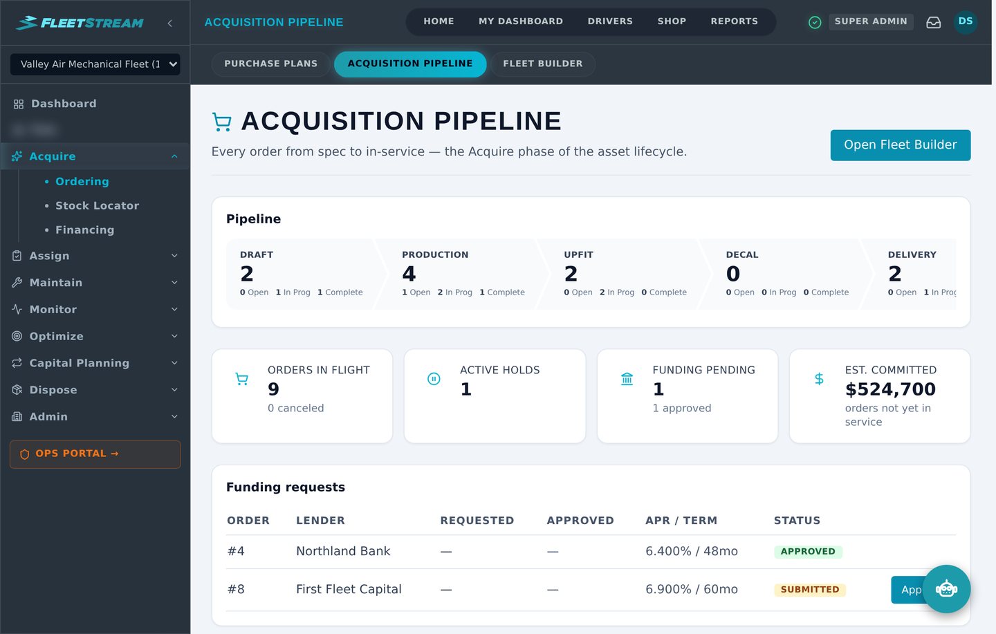 FleetStream Acquisition Pipeline — orders tracked from draft through production, upfit, decal, and delivery