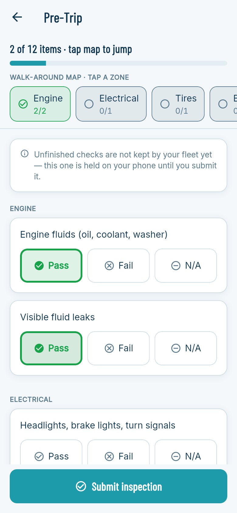 FleetStream Shift pre-trip inspection: a walk-around map of zones and pass, fail, or N/A for each item