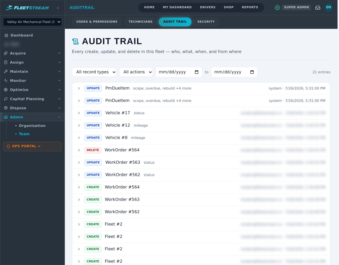 FleetStream Audit Trail — every create, update, and delete in the fleet with who, what, when, and from where