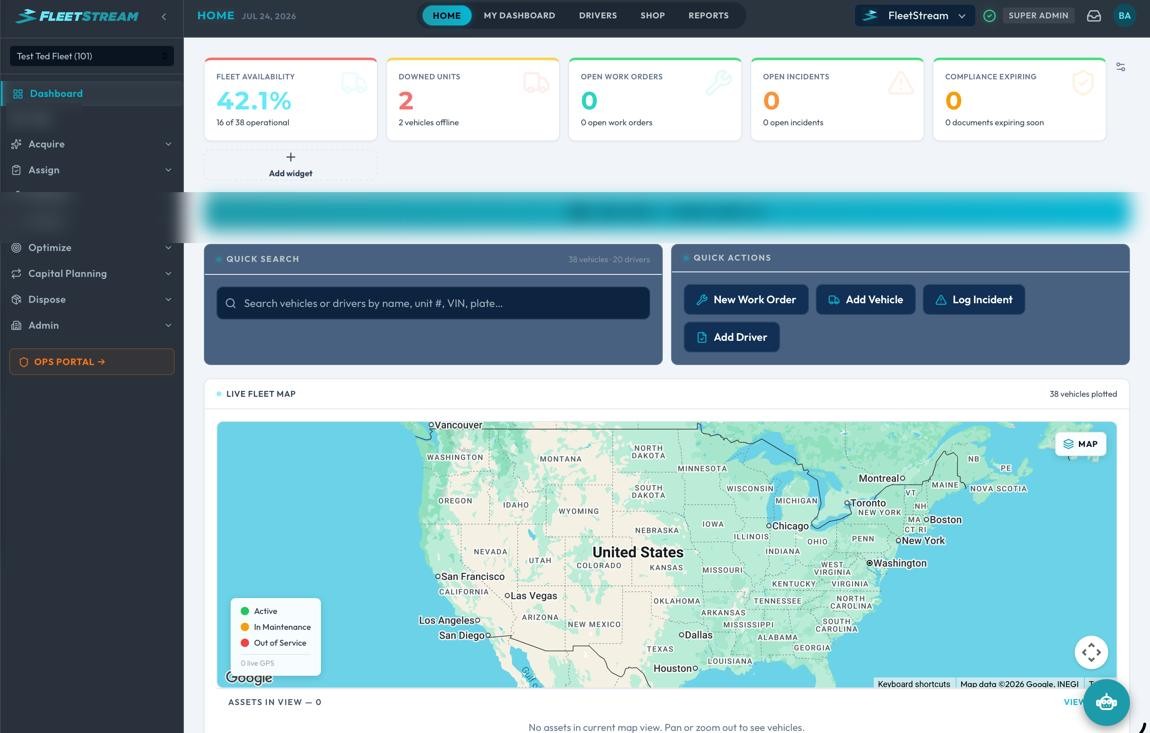 FleetStream Home dashboard — fleet availability, downed units, open work orders, quick actions, and the live fleet map