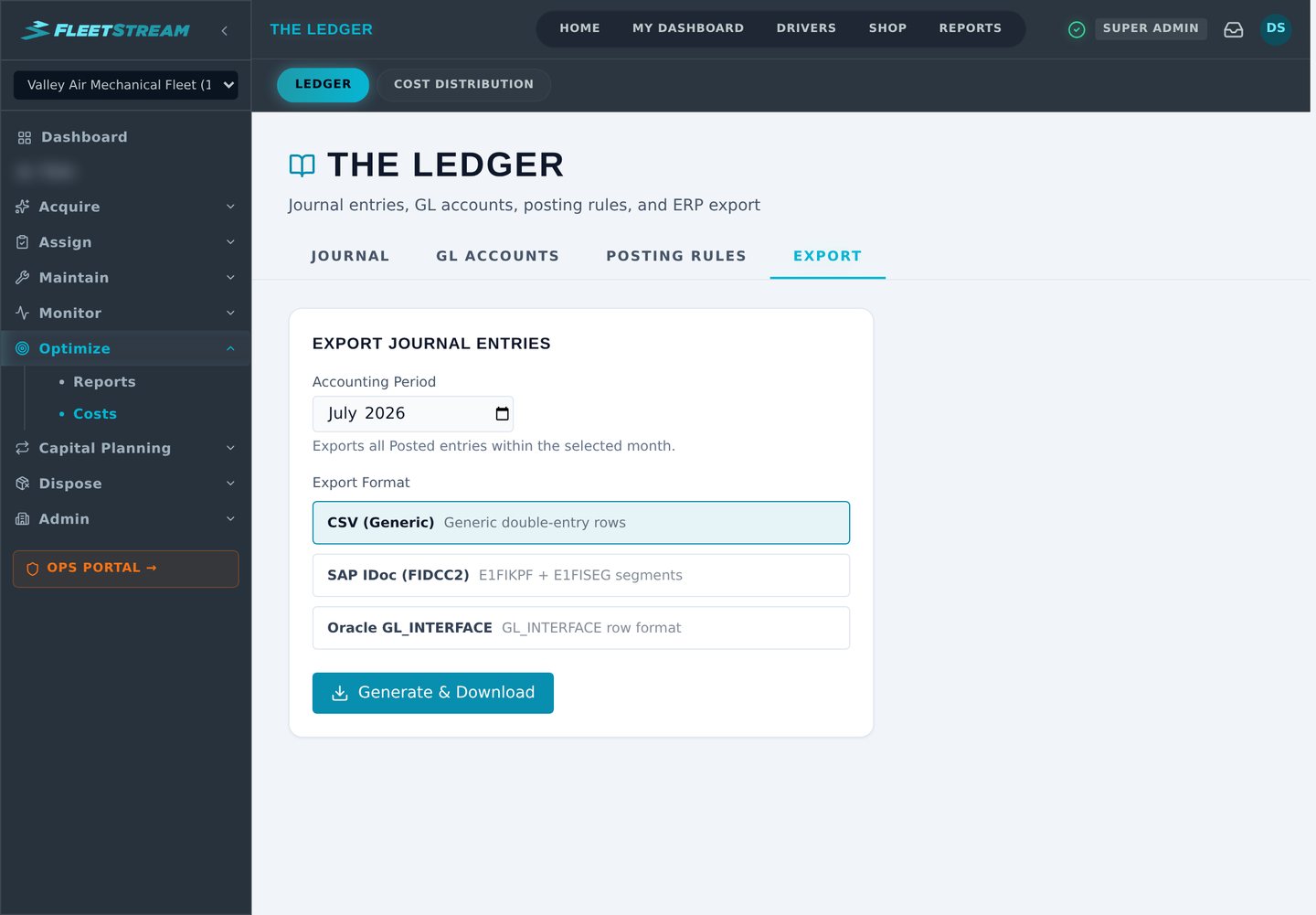 FleetStream Ledger export — journal entries exported as generic CSV, SAP IDoc, or Oracle GL_INTERFACE for your ERP