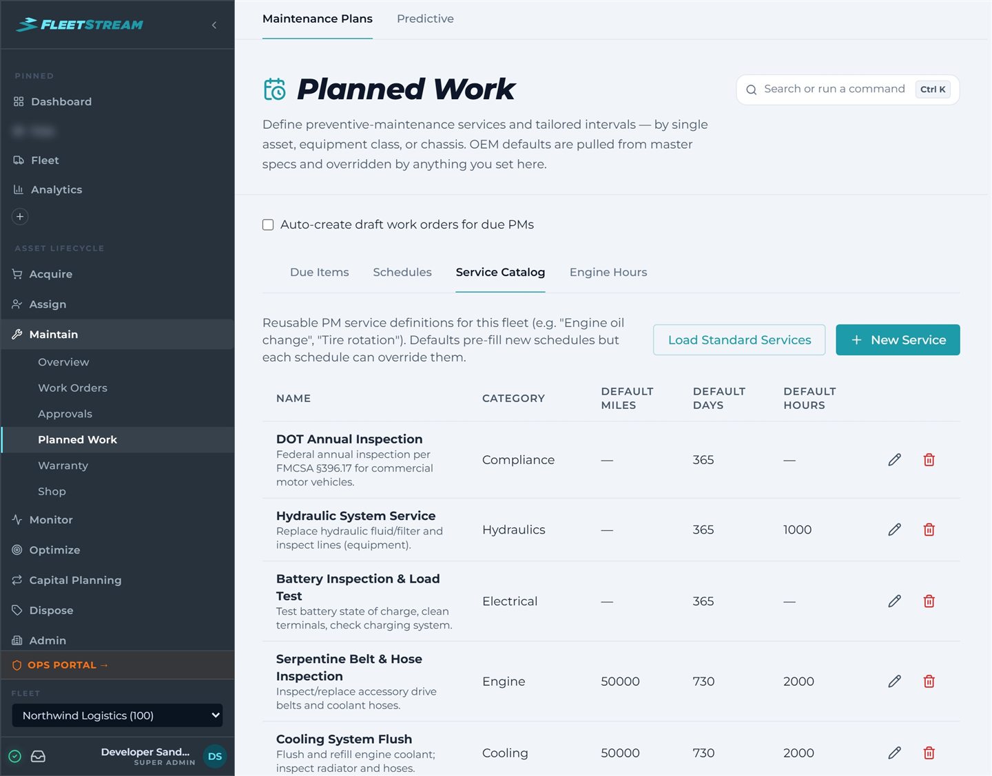 FleetStream Scheduled Maintenance Intervals — a reusable PM service catalog with default miles, days, and engine hours per service