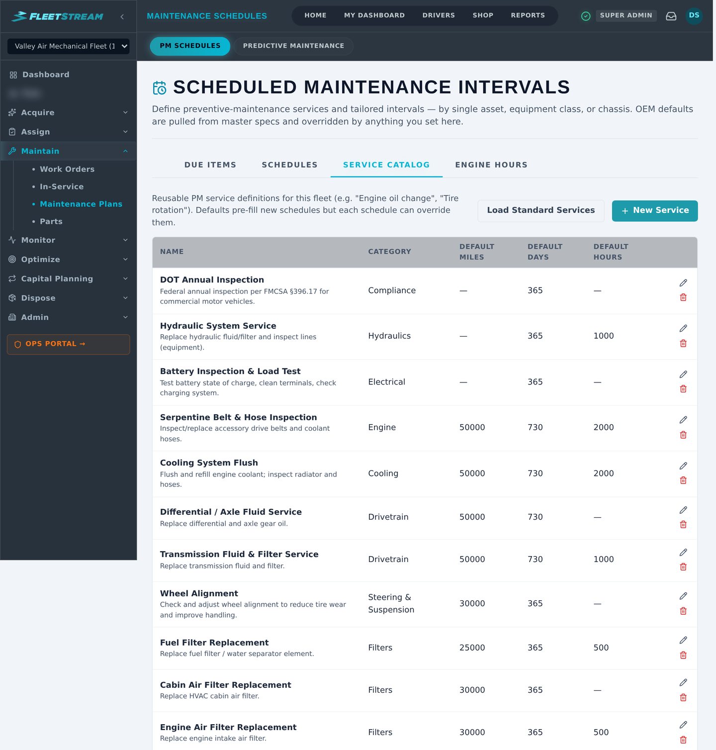 FleetStream Scheduled Maintenance Intervals — a reusable PM service catalog with default miles, days, and engine hours per service