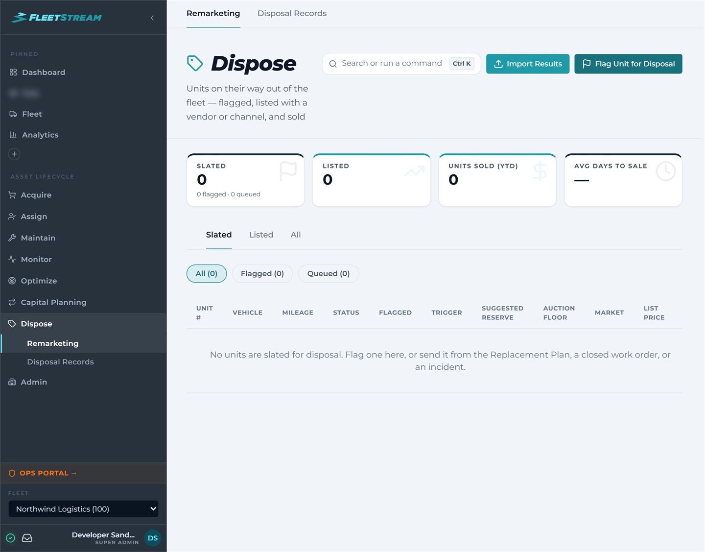 FleetStream Remarketing / Disposition — end-of-life units tracked from flagged through listed and sold