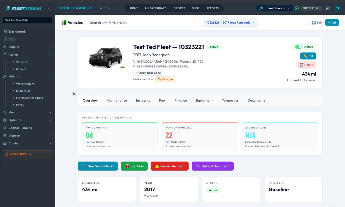 FleetStream Vehicle Profile — one unit’s odometer, utilization, driver assignment, and compliance in a single view